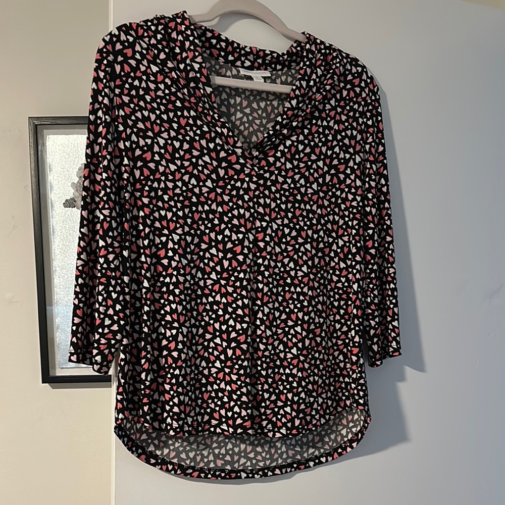 Women's Black and Pink Heart Patterned Top, perfect for Valentine’s Day.